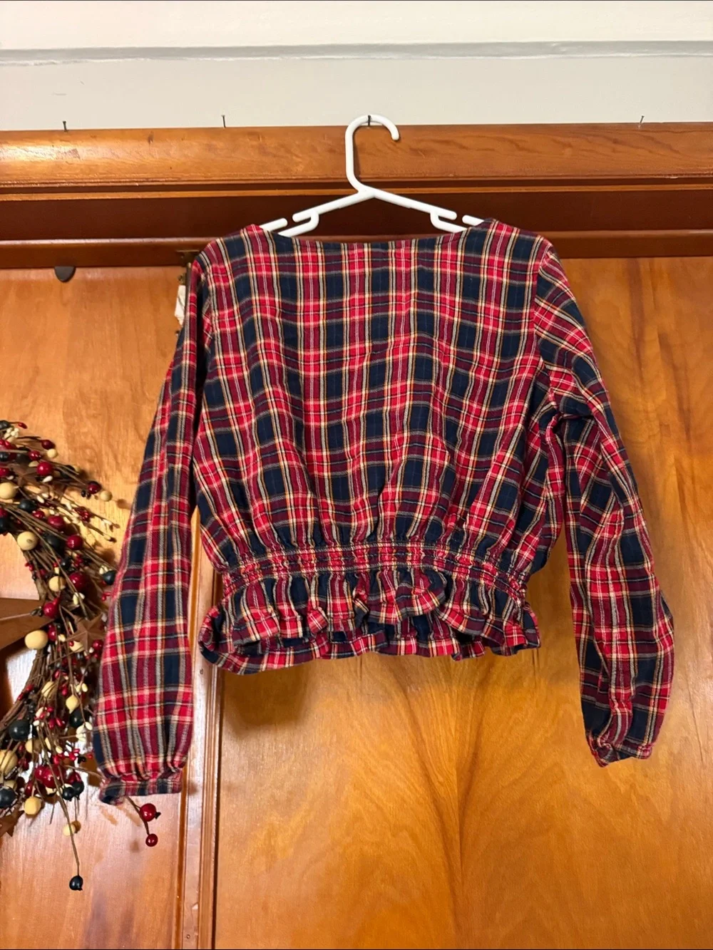 Old Navy Red and Navy Plaid Ruffle-Trim Long Sleeve Top